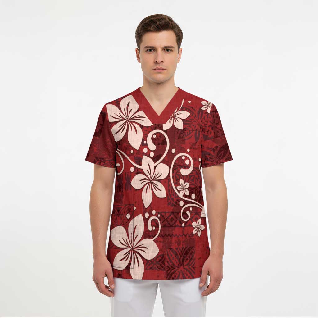 Plumeria Floral Tapa Pattern Oxblood Red Scrub Top - Polynesian Pride