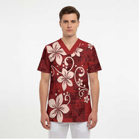 Plumeria Floral Tapa Pattern Oxblood Red Scrub Top - Polynesian Pride