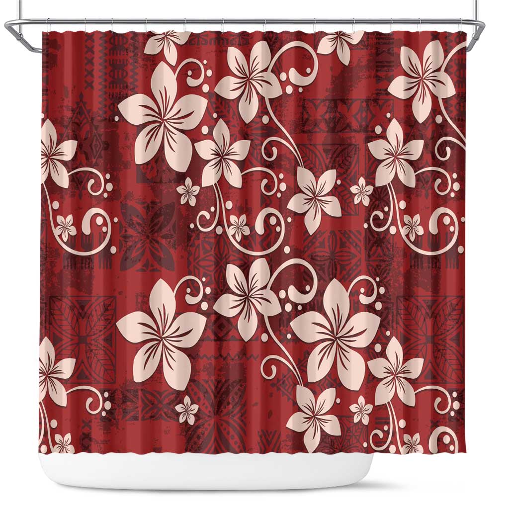 Plumeria Floral Tapa Pattern Oxblood Red Shower Curtain LT01 Red - Polynesian Pride