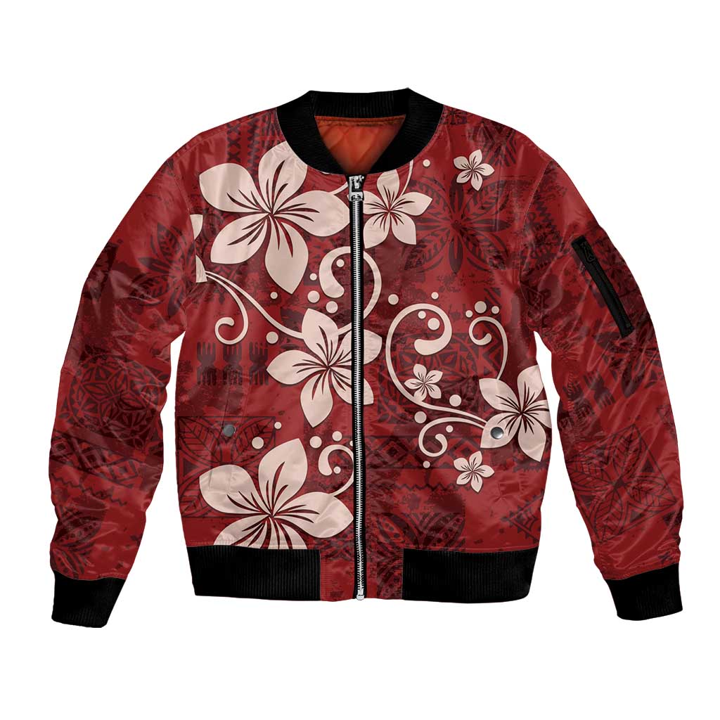 Plumeria Floral Tapa Pattern Oxblood Red Sleeve Zip Bomber Jacket LT01 Unisex Red - Polynesian Pride
