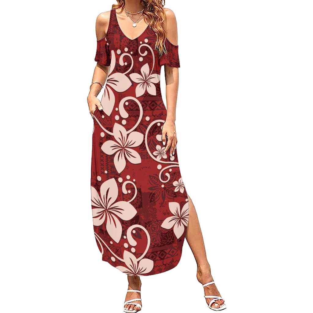 Plumeria Floral Tapa Pattern Oxblood Red Summer Maxi Dress LT01
