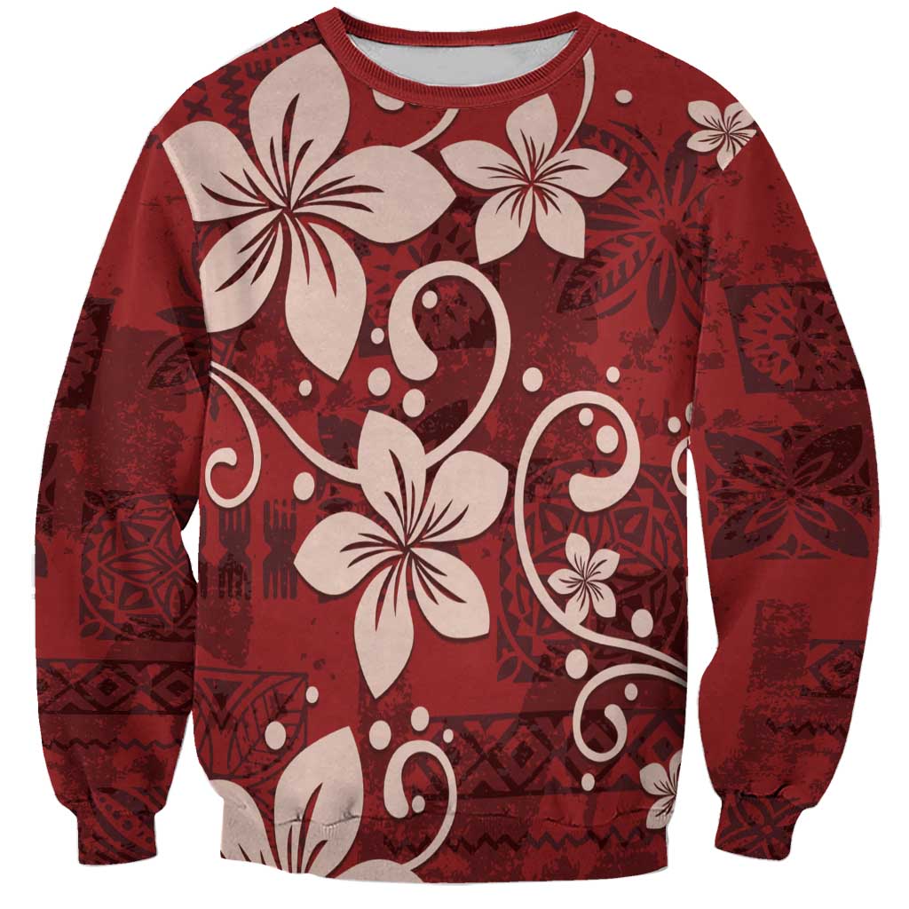 Plumeria Floral Tapa Pattern Oxblood Red Sweatshirt