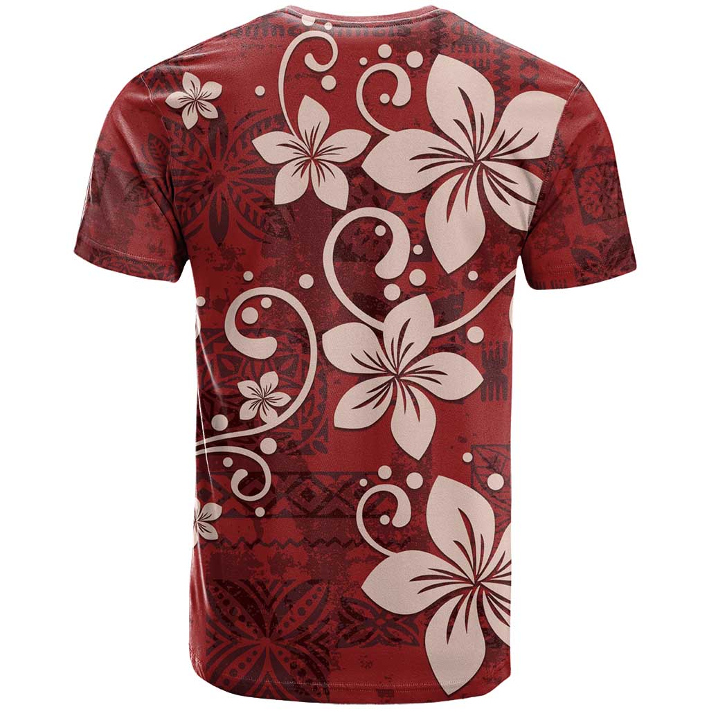 Plumeria Floral Tapa Pattern Oxblood Red T Shirt