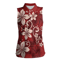 Plumeria Floral Tapa Pattern Oxblood Red Women Sleeveless Polo Shirt