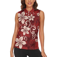 Plumeria Floral Tapa Pattern Oxblood Red Women Sleeveless Polo Shirt