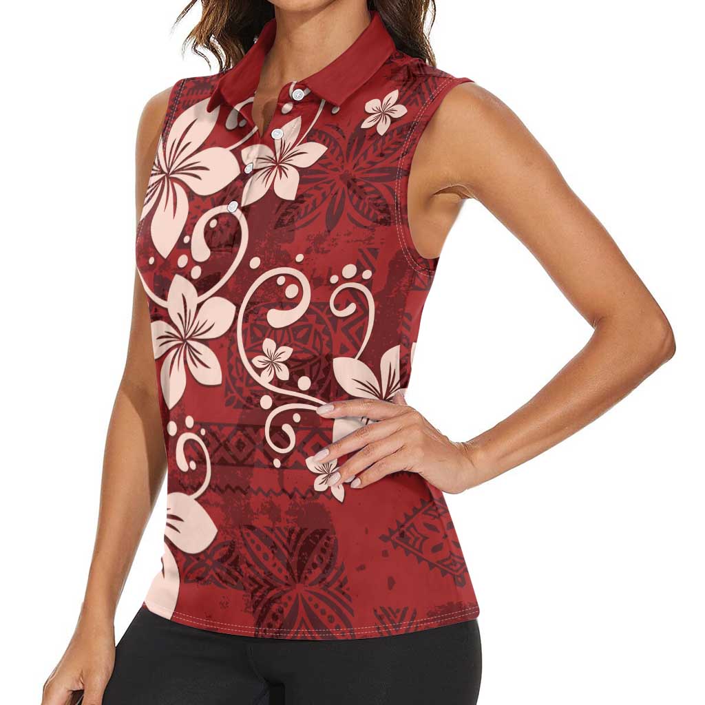 Plumeria Floral Tapa Pattern Oxblood Red Women Sleeveless Polo Shirt