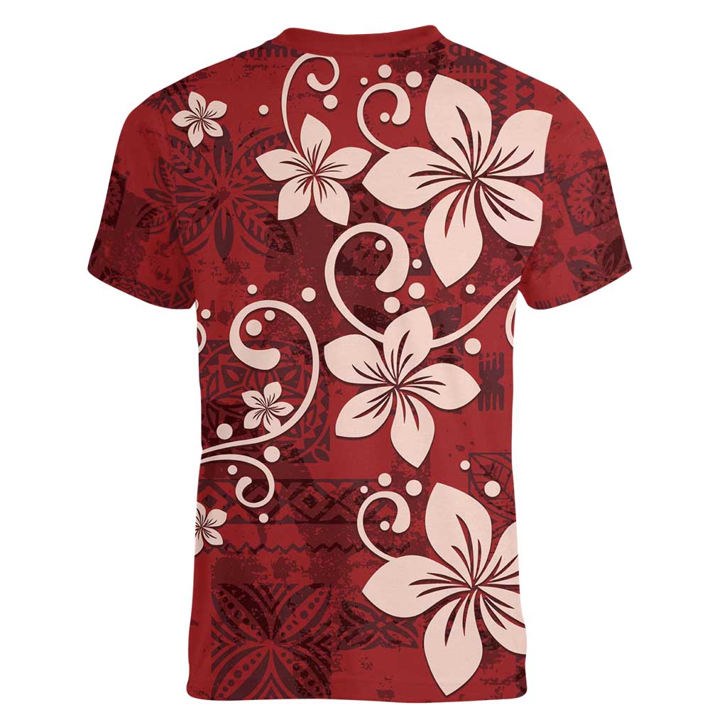 Plumeria Floral Tapa Pattern Oxblood Red Women V-Neck T-Shirt