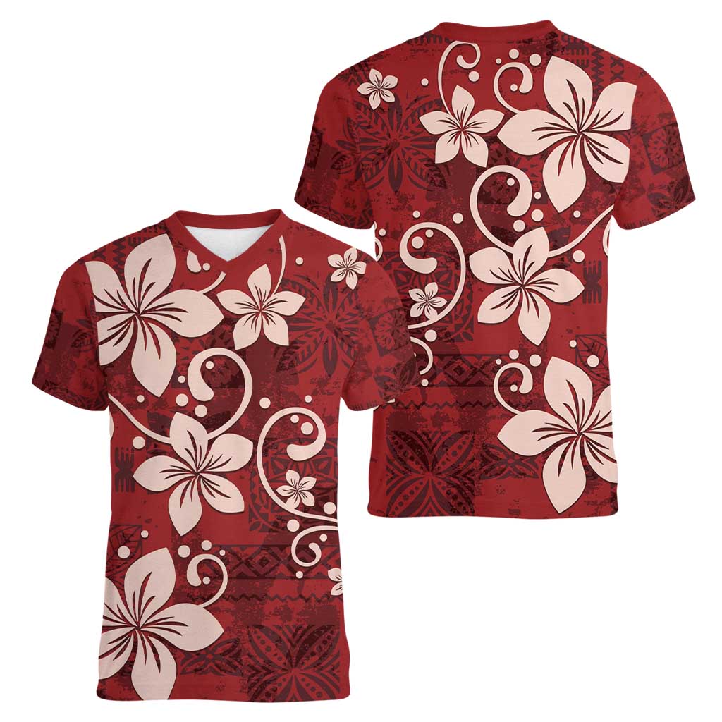 Plumeria Floral Tapa Pattern Oxblood Red Women V-Neck T-Shirt