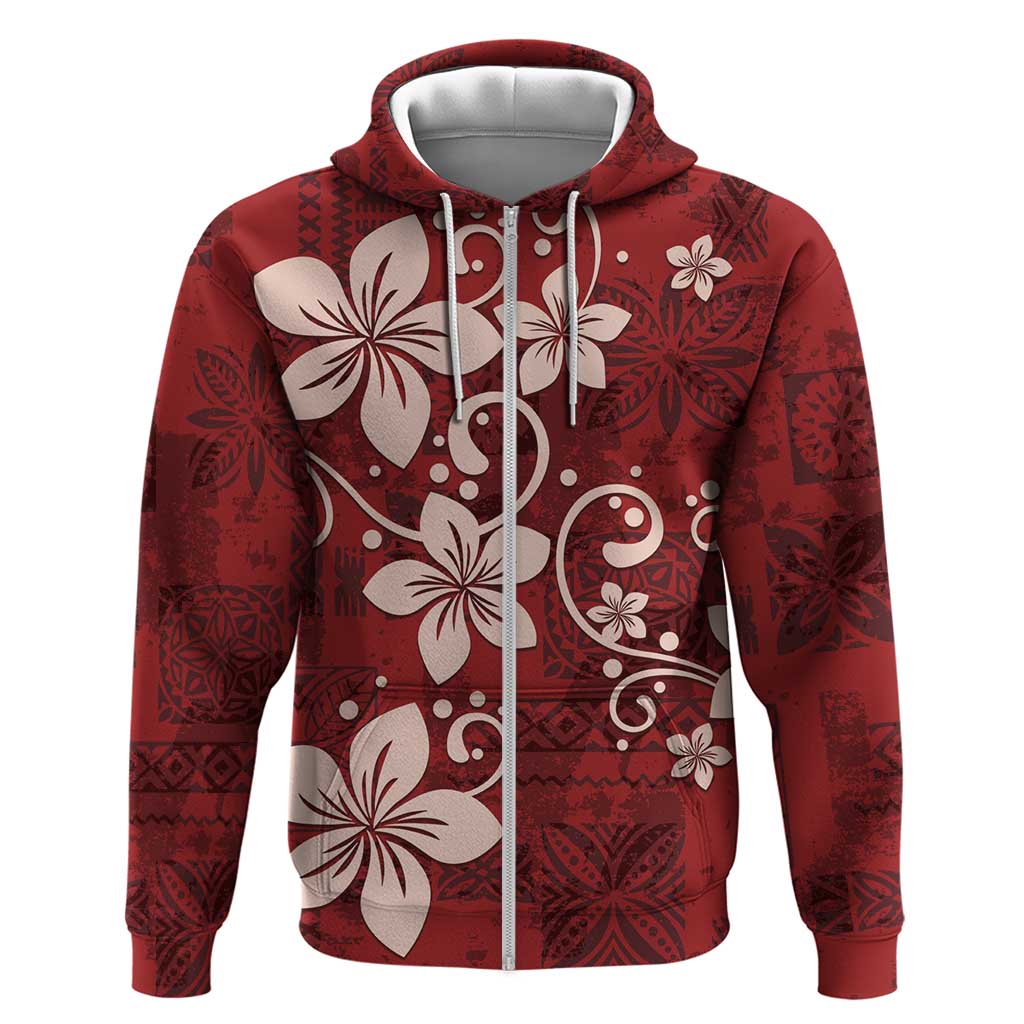 Plumeria Floral Tapa Pattern Oxblood Red Zip Hoodie LT01 Zip Hoodie Red - Polynesian Pride