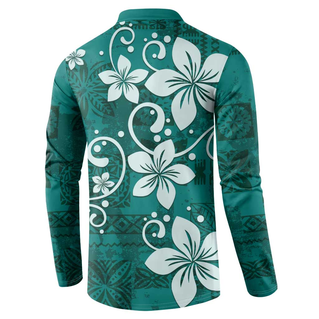 Plumeria Floral Tapa Pattern Crystal Teal Button Sweatshirt