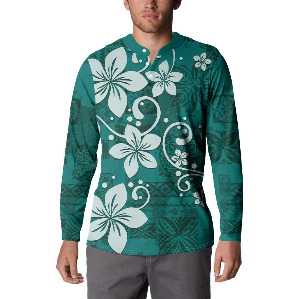 Plumeria Floral Tapa Pattern Crystal Teal Button Sweatshirt