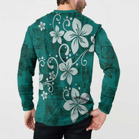 Plumeria Floral Tapa Pattern Crystal Teal Button Sweatshirt
