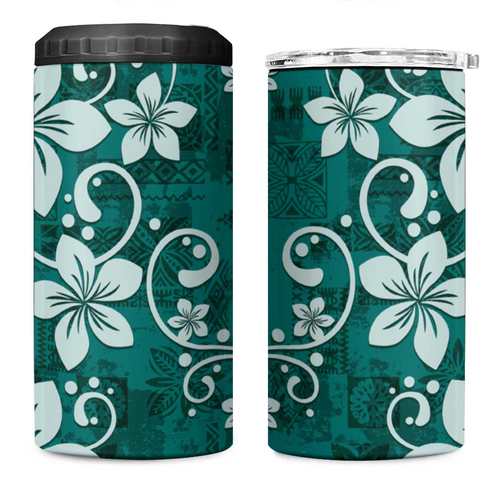 Plumeria Floral Tapa Pattern Crystal Teal 4 in 1 Can Cooler Tumbler