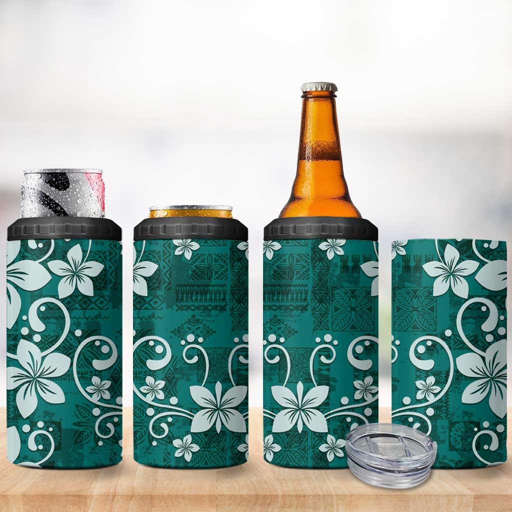 Plumeria Floral Tapa Pattern Crystal Teal 4 in 1 Can Cooler Tumbler
