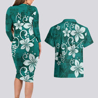 Plumeria Floral Tapa Pattern Crystal Teal Couples Matching Long Sleeve Bodycon Dress and Hawaiian Shirt