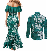 Plumeria Floral Tapa Pattern Crystal Teal Couples Matching Mermaid Dress and Long Sleeve Button Shirt
