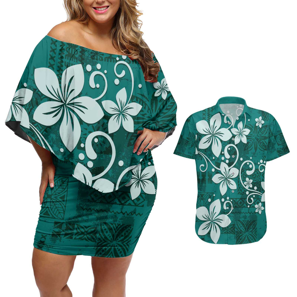 Plumeria Floral Tapa Pattern Crystal Teal Couples Matching Off Shoulder Short Dress and Hawaiian Shirt