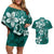 Plumeria Floral Tapa Pattern Crystal Teal Couples Matching Off Shoulder Short Dress and Hawaiian Shirt