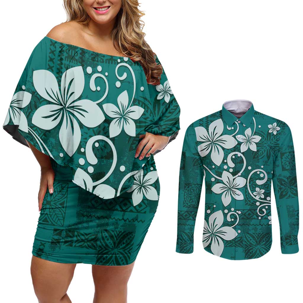 Plumeria Floral Tapa Pattern Crystal Teal Couples Matching Off Shoulder Short Dress and Long Sleeve Button Shirt