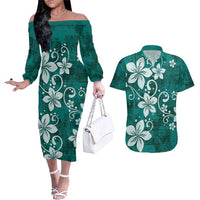 Plumeria Floral Tapa Pattern Crystal Teal Couples Matching Off The Shoulder Long Sleeve Dress and Hawaiian Shirt