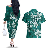 Plumeria Floral Tapa Pattern Crystal Teal Couples Matching Off The Shoulder Long Sleeve Dress and Hawaiian Shirt