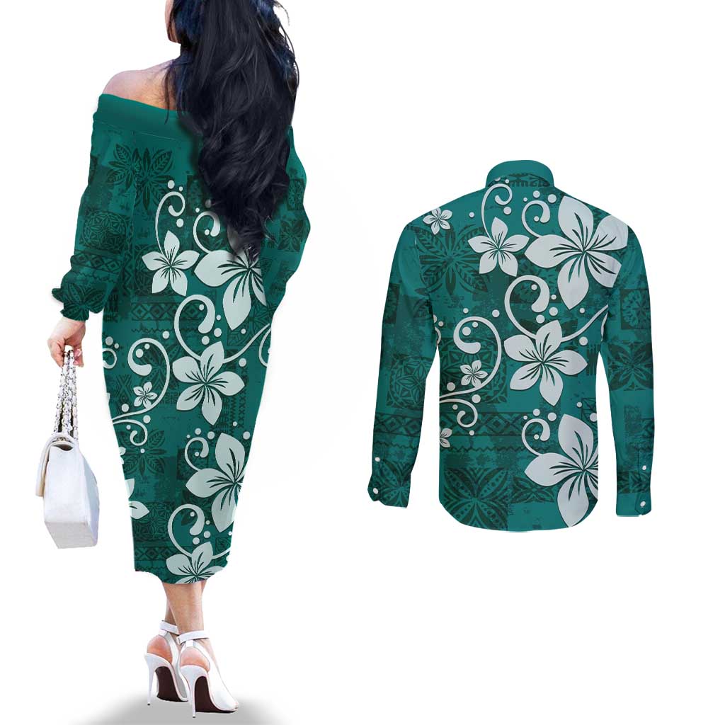 Plumeria Floral Tapa Pattern Crystal Teal Couples Matching Off The Shoulder Long Sleeve Dress and Long Sleeve Button Shirt