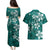 Plumeria Floral Tapa Pattern Crystal Teal Couples Matching Puletasi and Hawaiian Shirt
