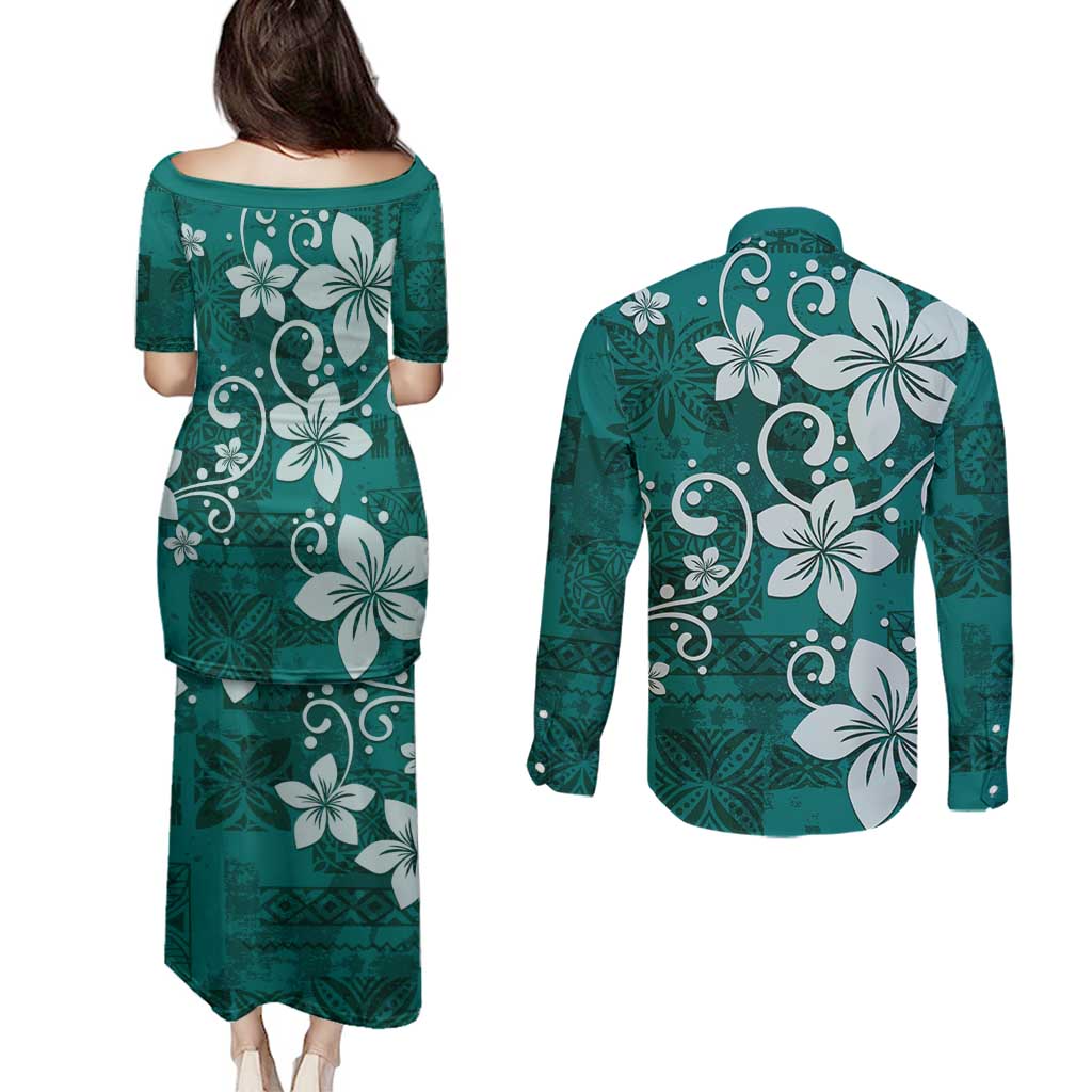 Plumeria Floral Tapa Pattern Crystal Teal Couples Matching Puletasi and Long Sleeve Button Shirt