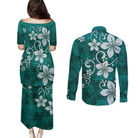 Plumeria Floral Tapa Pattern Crystal Teal Couples Matching Puletasi and Long Sleeve Button Shirt