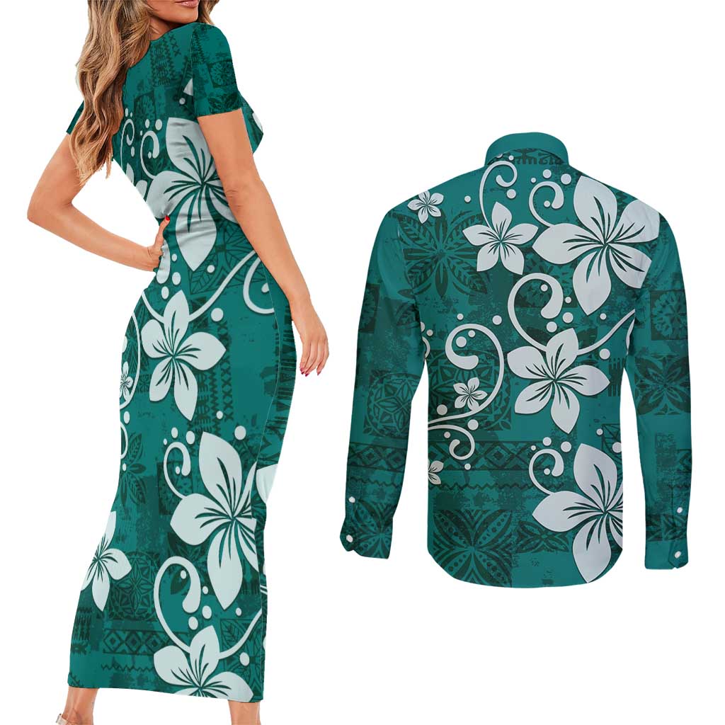 Plumeria Floral Tapa Pattern Crystal Teal Couples Matching Short Sleeve Bodycon Dress and Long Sleeve Button Shirt