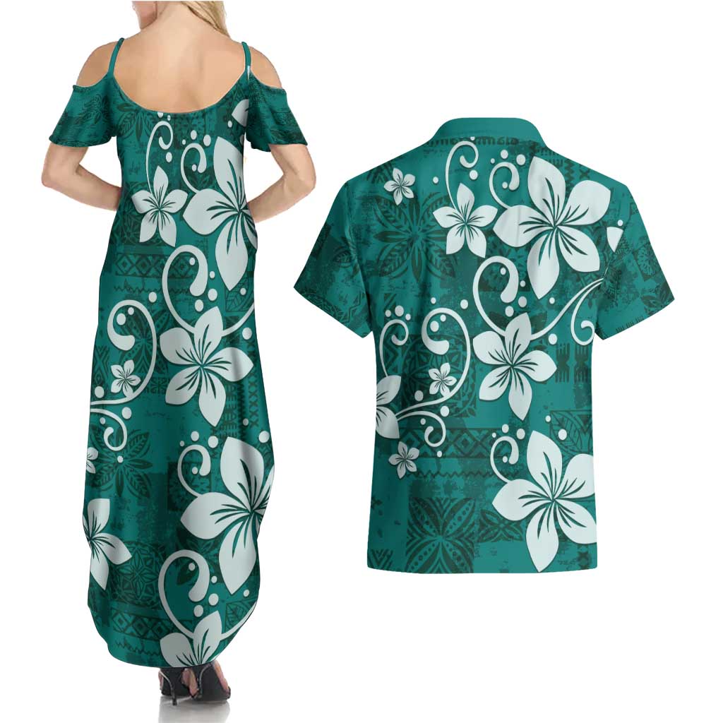 Plumeria Floral Tapa Pattern Crystal Teal Couples Matching Summer Maxi Dress and Hawaiian Shirt
