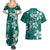 Plumeria Floral Tapa Pattern Crystal Teal Couples Matching Summer Maxi Dress and Hawaiian Shirt