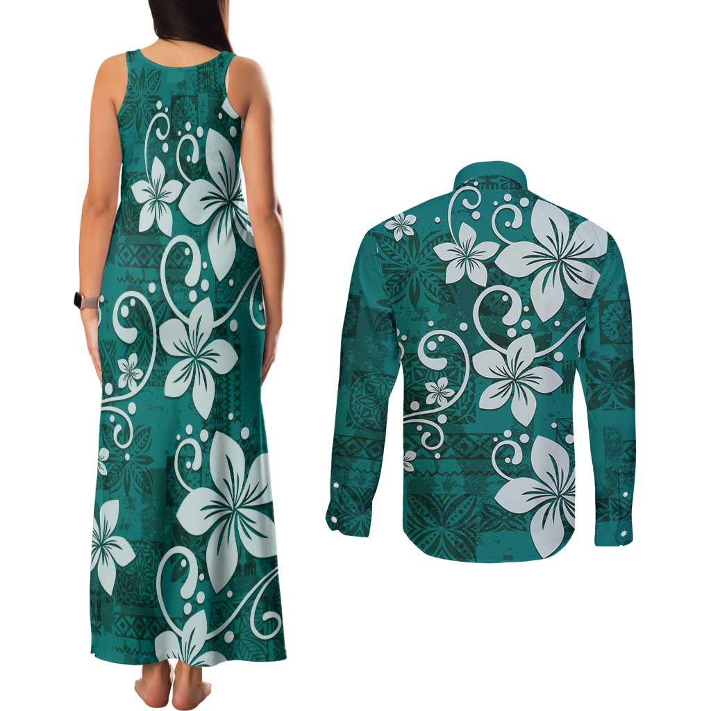 Plumeria Floral Tapa Pattern Crystal Teal Couples Matching Tank Maxi Dress and Long Sleeve Button Shirt
