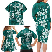 Plumeria Floral Tapa Pattern Crystal Teal Family Matching Long Sleeve Bodycon Dress and Hawaiian Shirt