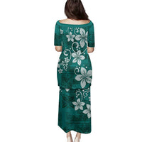 Plumeria Floral Tapa Pattern Crystal Teal Family Matching Puletasi and Hawaiian Shirt