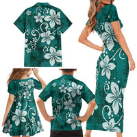 Plumeria Floral Tapa Pattern Crystal Teal Family Matching Short Sleeve Bodycon Dress and Hawaiian Shirt