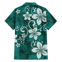 Plumeria Floral Tapa Pattern Crystal Teal Family Matching Short Sleeve Bodycon Dress and Hawaiian Shirt