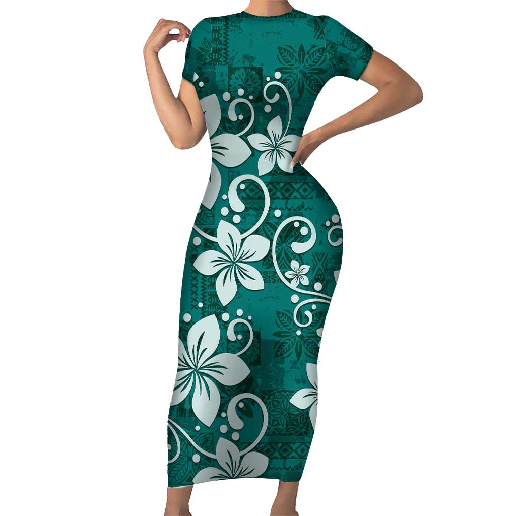Plumeria Floral Tapa Pattern Crystal Teal Family Matching Short Sleeve Bodycon Dress and Hawaiian Shirt