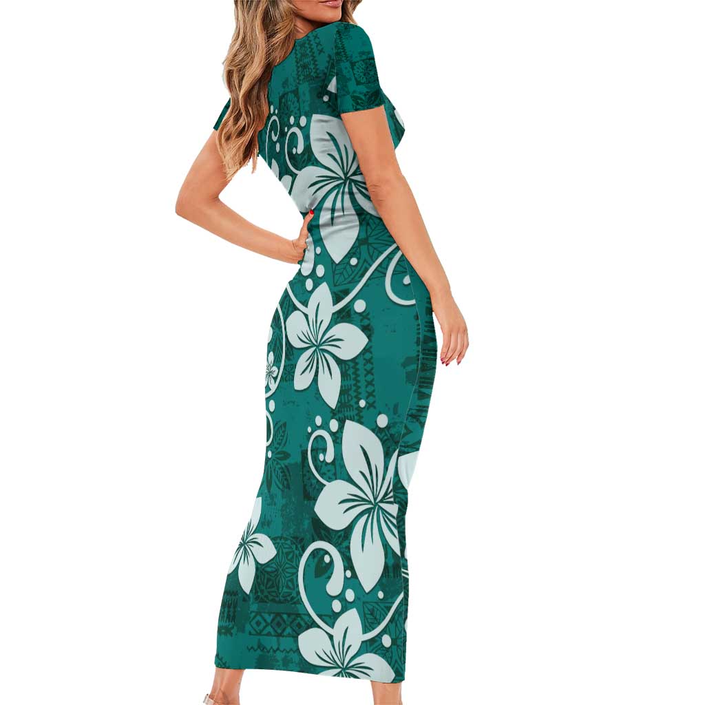 Plumeria Floral Tapa Pattern Crystal Teal Family Matching Short Sleeve Bodycon Dress and Hawaiian Shirt