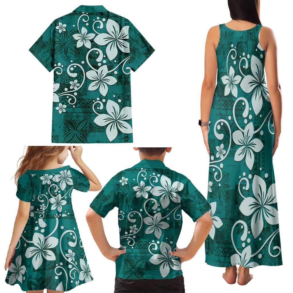 Plumeria Floral Tapa Pattern Crystal Teal Family Matching Tank Maxi Dress and Hawaiian Shirt