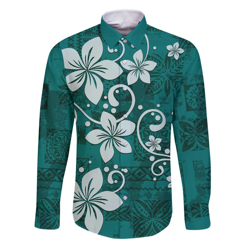 Plumeria Floral Tapa Pattern Crystal Teal Family Matching Tank Maxi Dress and Hawaiian Shirt
