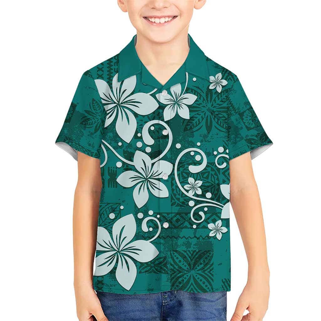 Plumeria Floral Tapa Pattern Crystal Teal Kid Hawaiian Shirt LT01 Kid Teal - Polynesian Pride
