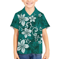 Plumeria Floral Tapa Pattern Crystal Teal Kid Hawaiian Shirt