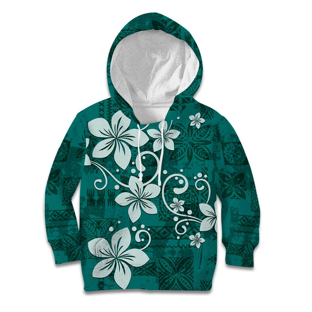 Plumeria Floral Tapa Pattern Crystal Teal Kid Hoodie LT01 Hoodie Teal - Polynesian Pride