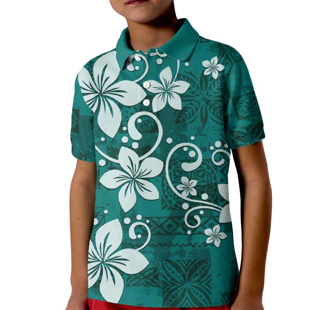 Plumeria Floral Tapa Pattern Crystal Teal Kid Polo Shirt