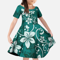 Plumeria Floral Tapa Pattern Crystal Teal Kid Short Sleeve Dress