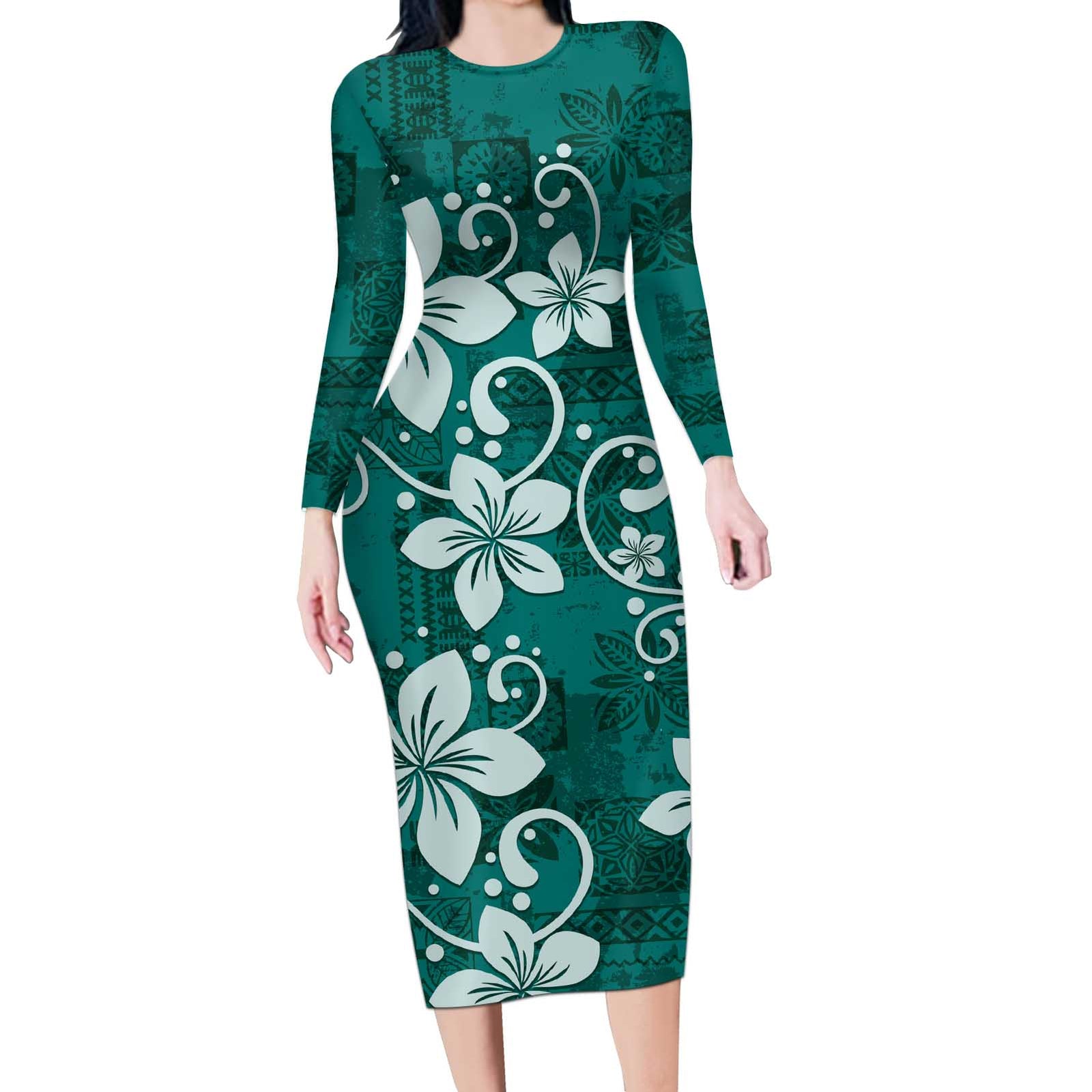 Plumeria Floral Tapa Pattern Crystal Teal Long Sleeve Bodycon Dress LT01 Long Dress Teal - Polynesian Pride