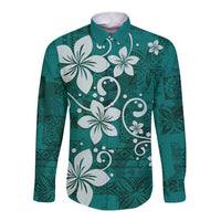 Plumeria Floral Tapa Pattern Crystal Teal Long Sleeve Button Shirt