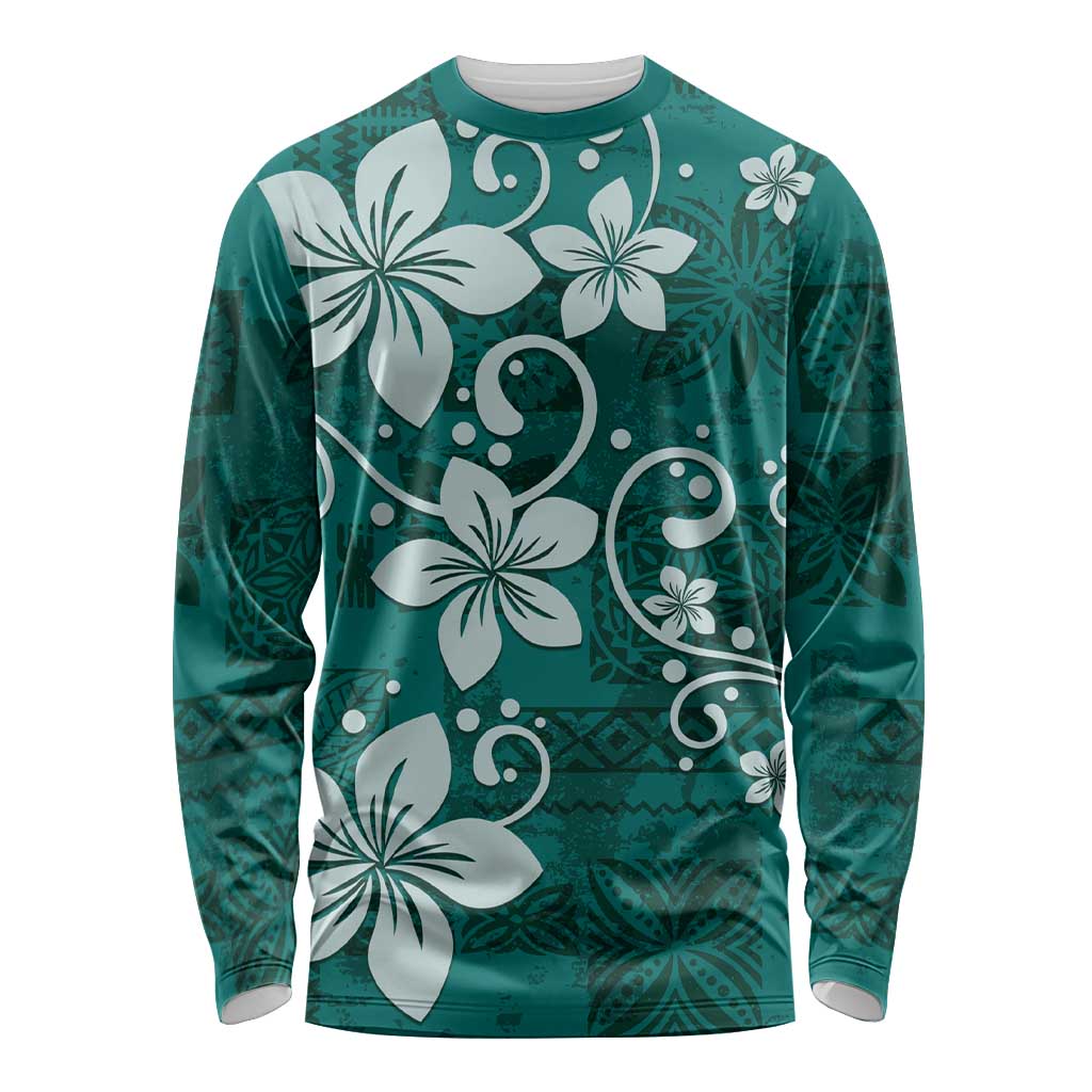 Plumeria Floral Tapa Pattern Crystal Teal Long Sleeve Shirt LT01 Unisex Teal - Polynesian Pride