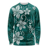 Plumeria Floral Tapa Pattern Crystal Teal Long Sleeve Shirt LT01 Unisex Teal - Polynesian Pride